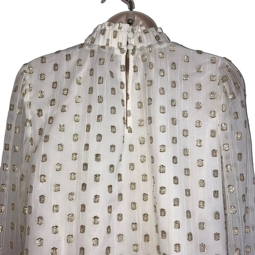 NWT Loft White and Gold Metallic Petite Ruffle Smocked Lined Sheer Blouse-Medium